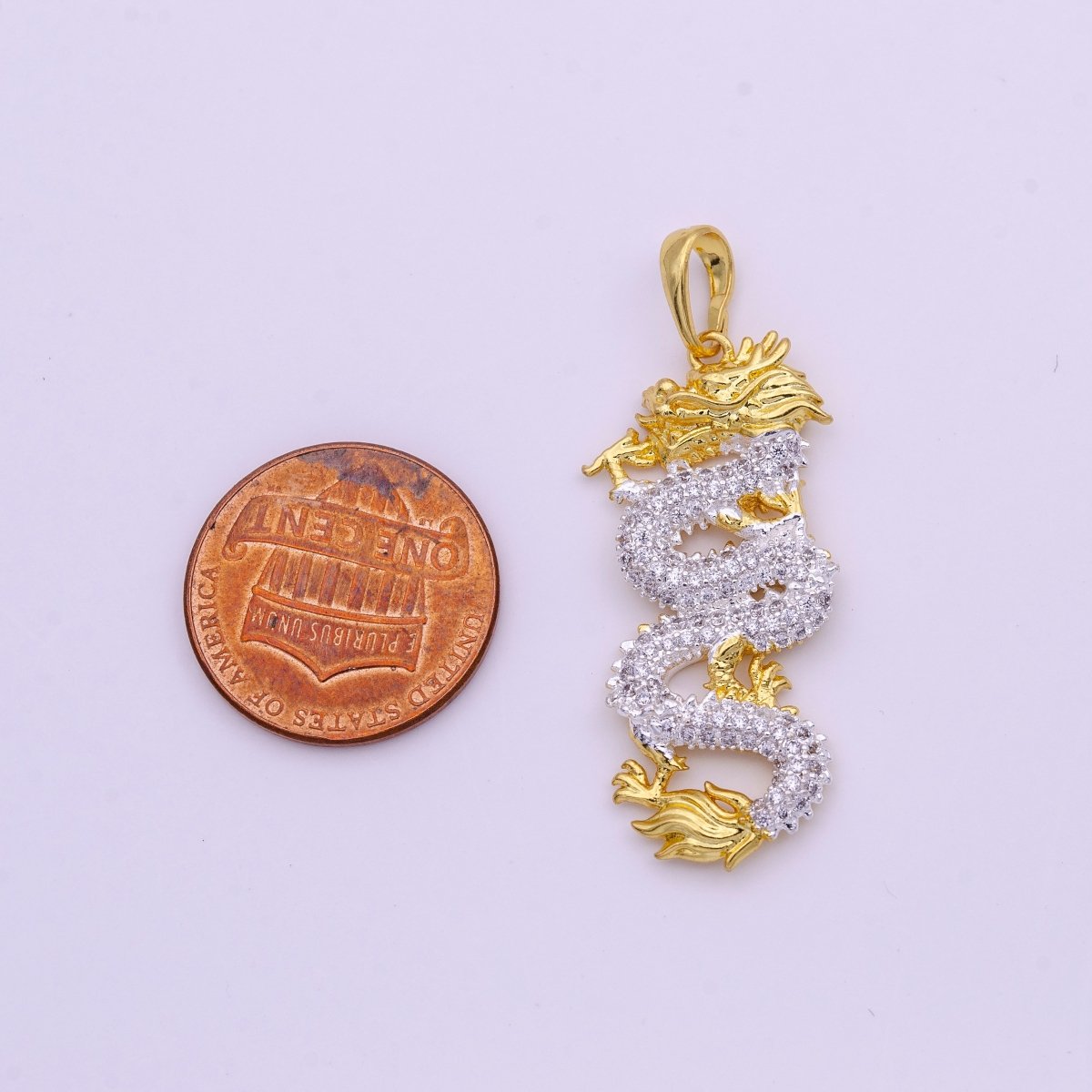 2tone Color Gold Silver Micro Paved CZ Chinese Dragon Mixed Metal Pendant I-619 - DLUXCA