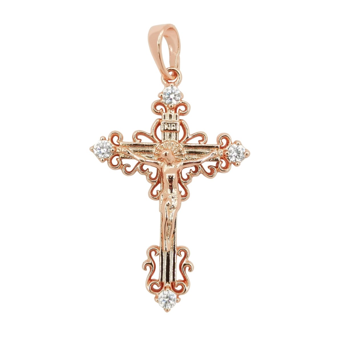 30x20mm Wholesale 18K Gold Plated Rose Gold Jesus on Cross Pendant with Cubic Zirconia Crystal Rhinestones, Christian Pendant for Necklace Bracelet Anklet Making J-184 - DLUXCA
