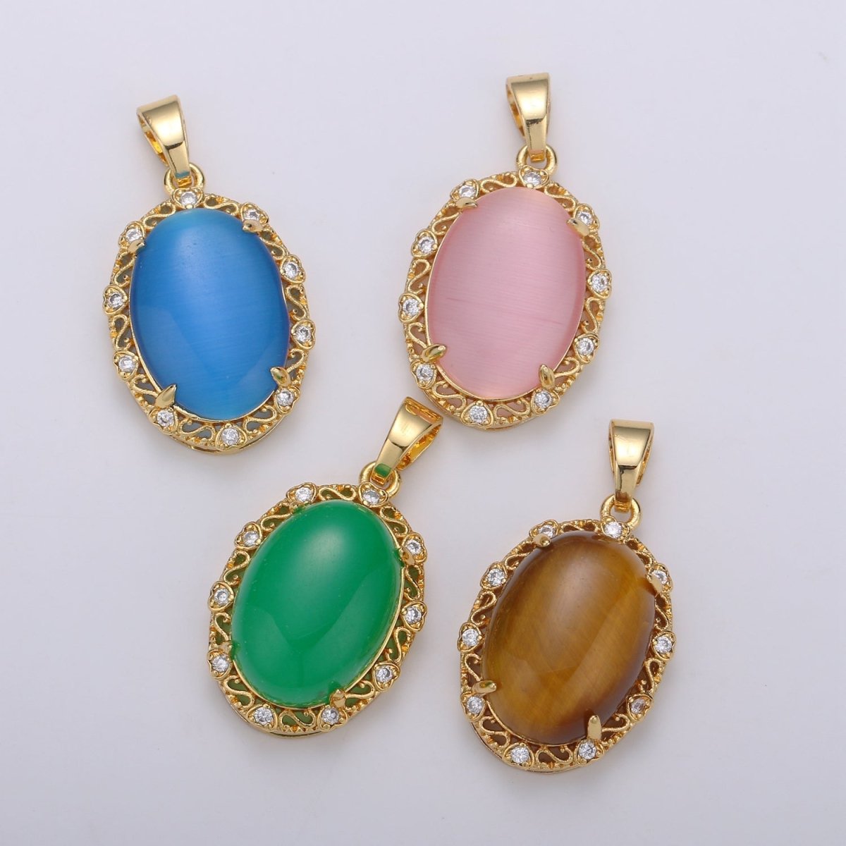 31X17mm Vintage Style Oval Charm 14k Gold Filled Blue Pink Green Tiger Cat's Eye Pendants Necklace Gold Focal Pendant for Statement Necklace J-159-J-161