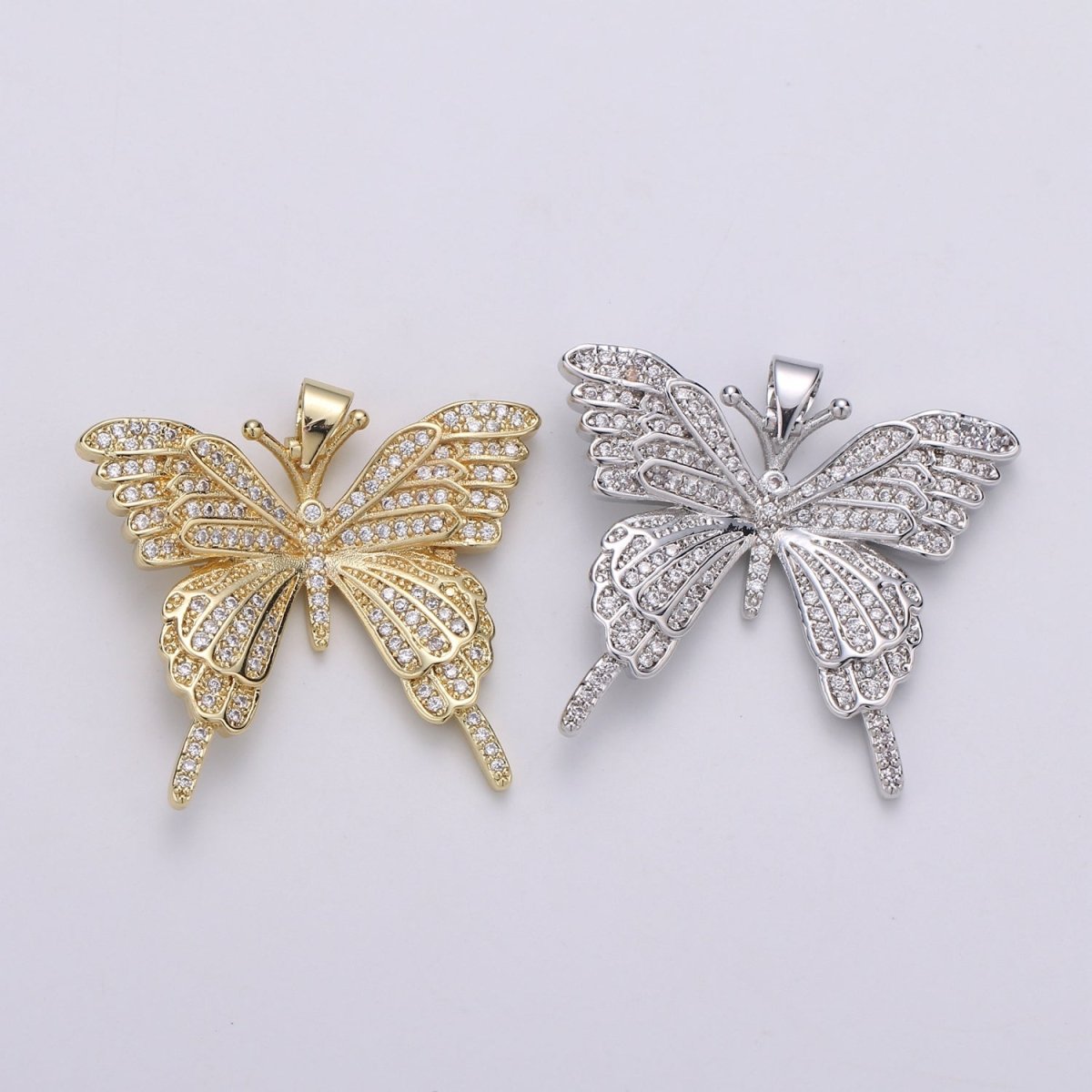 32x27mm Wholesale Gold-Filled Gold or Silver Butterfly Pendant Charm with Rhinestones, Pendant for Necklace Bracelet Anklet Making, Butterfly Zirconia Pendant J-148