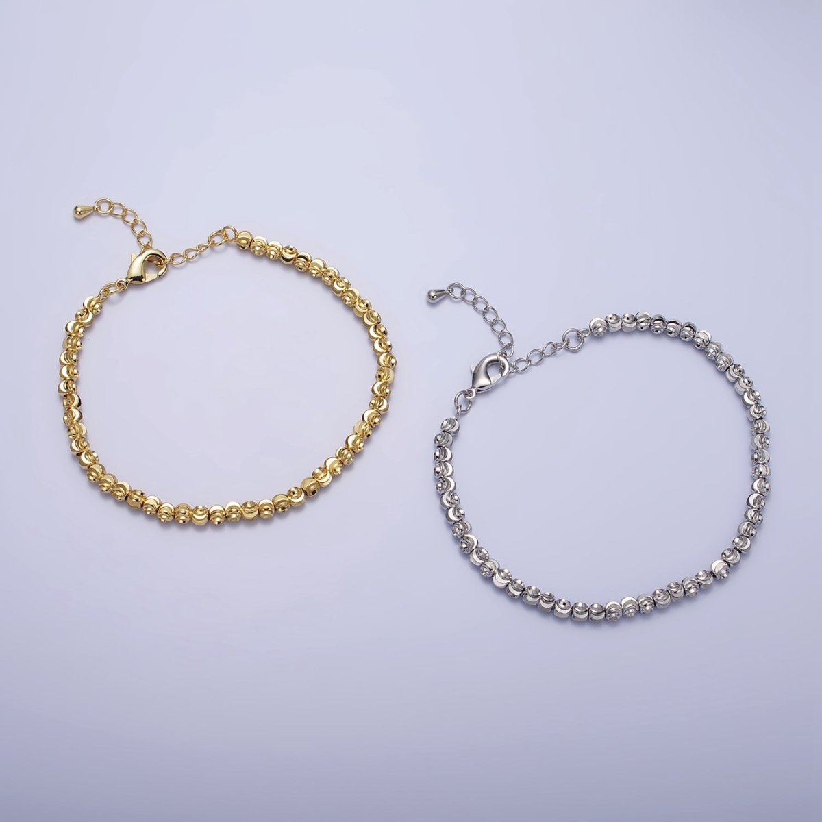3.5mm, 2.5mm Sparkling Moon Cut Ball Beaded Ball Bracelet 7 Inch Chain Bracelet in Gold & Silver | WA-1576 - WA-1579 Clearance Pricing