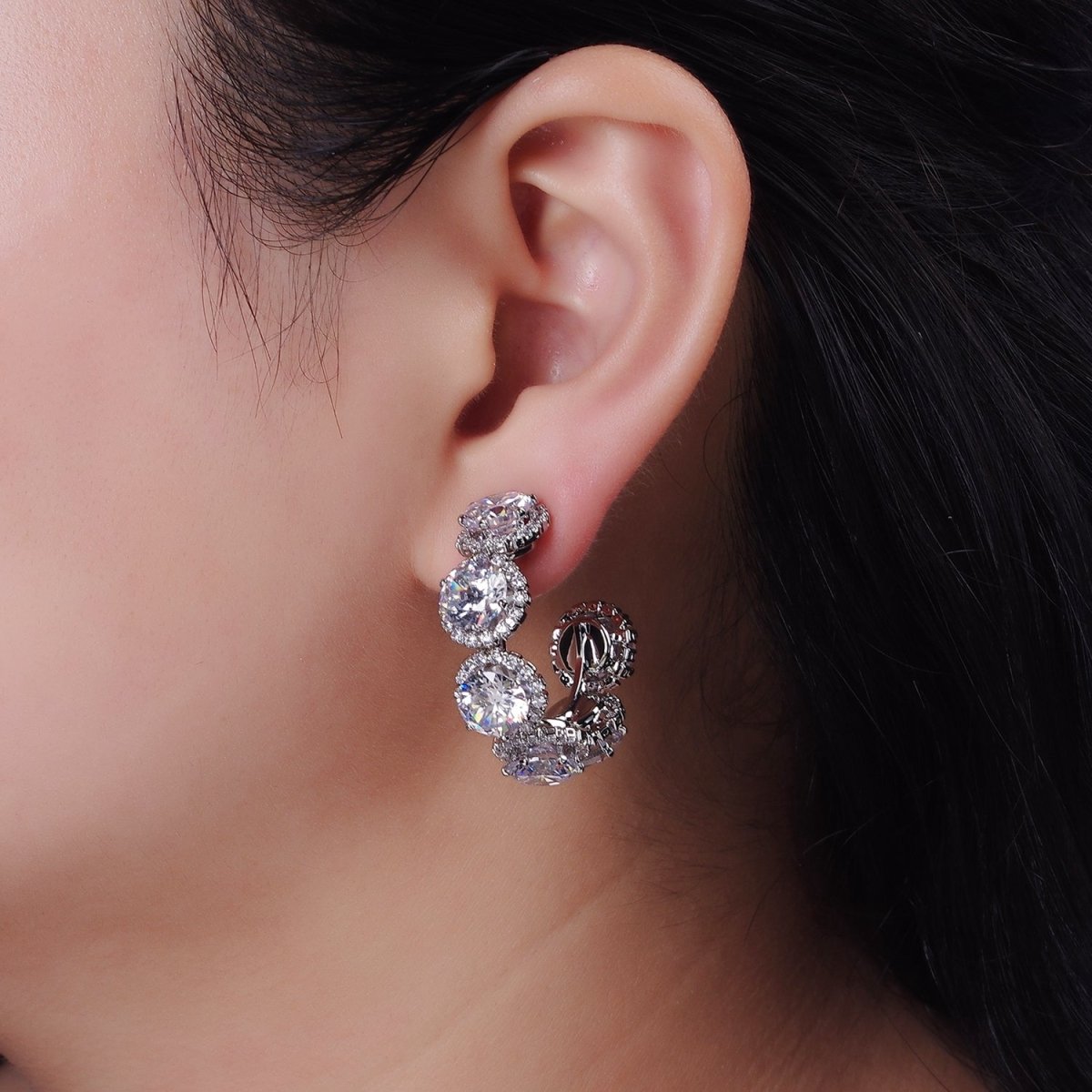 35mm Clear Round Micro Paved CZ C-Shaped Hoop Earrings in Gold & Silver | AE277 AE278