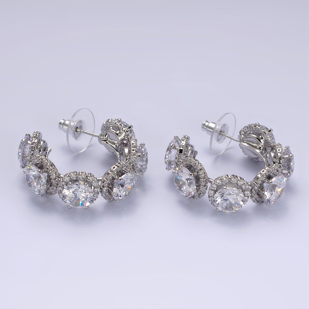 35mm Clear Round Micro Paved CZ C-Shaped Hoop Earrings in Gold & Silver | AE277 AE278