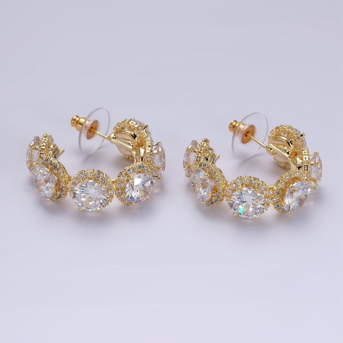 35mm Clear Round Micro Paved CZ C-Shaped Hoop Earrings in Gold & Silver | AE277 AE278