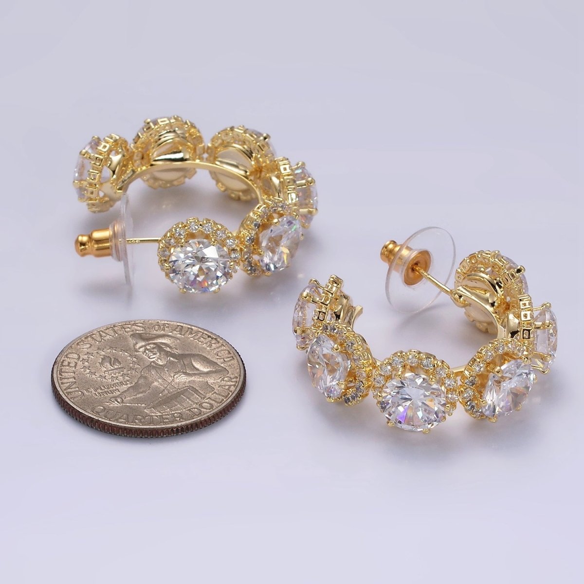 35mm Clear Round Micro Paved CZ C-Shaped Hoop Earrings in Gold & Silver | AE277 AE278