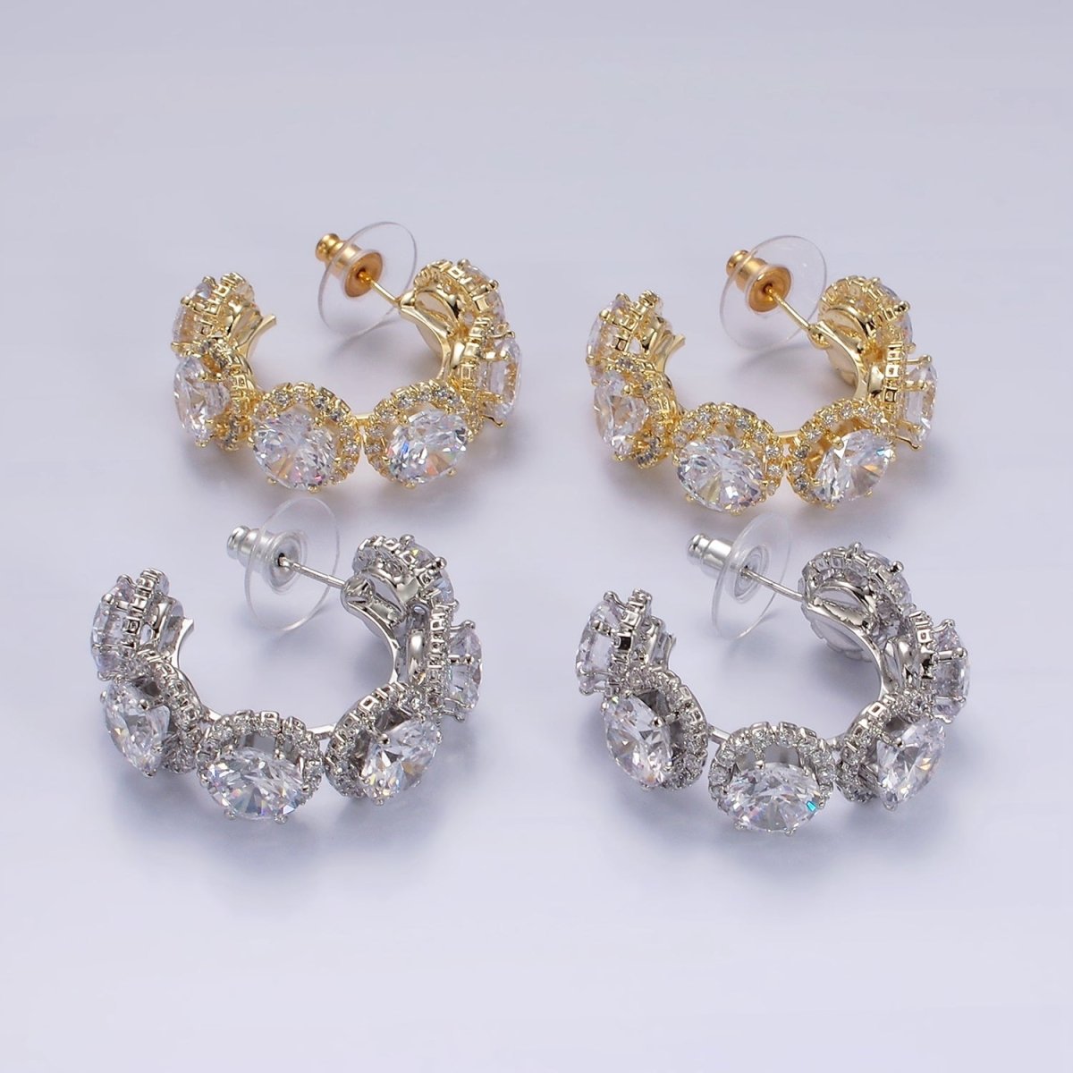 35mm Clear Round Micro Paved CZ C-Shaped Hoop Earrings in Gold & Silver | AE277 AE278