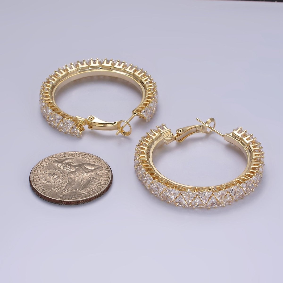 35mm Clear Triangle CZ Lined Hinge Hoop Earrings in Gold & Silver | AE275 AE376