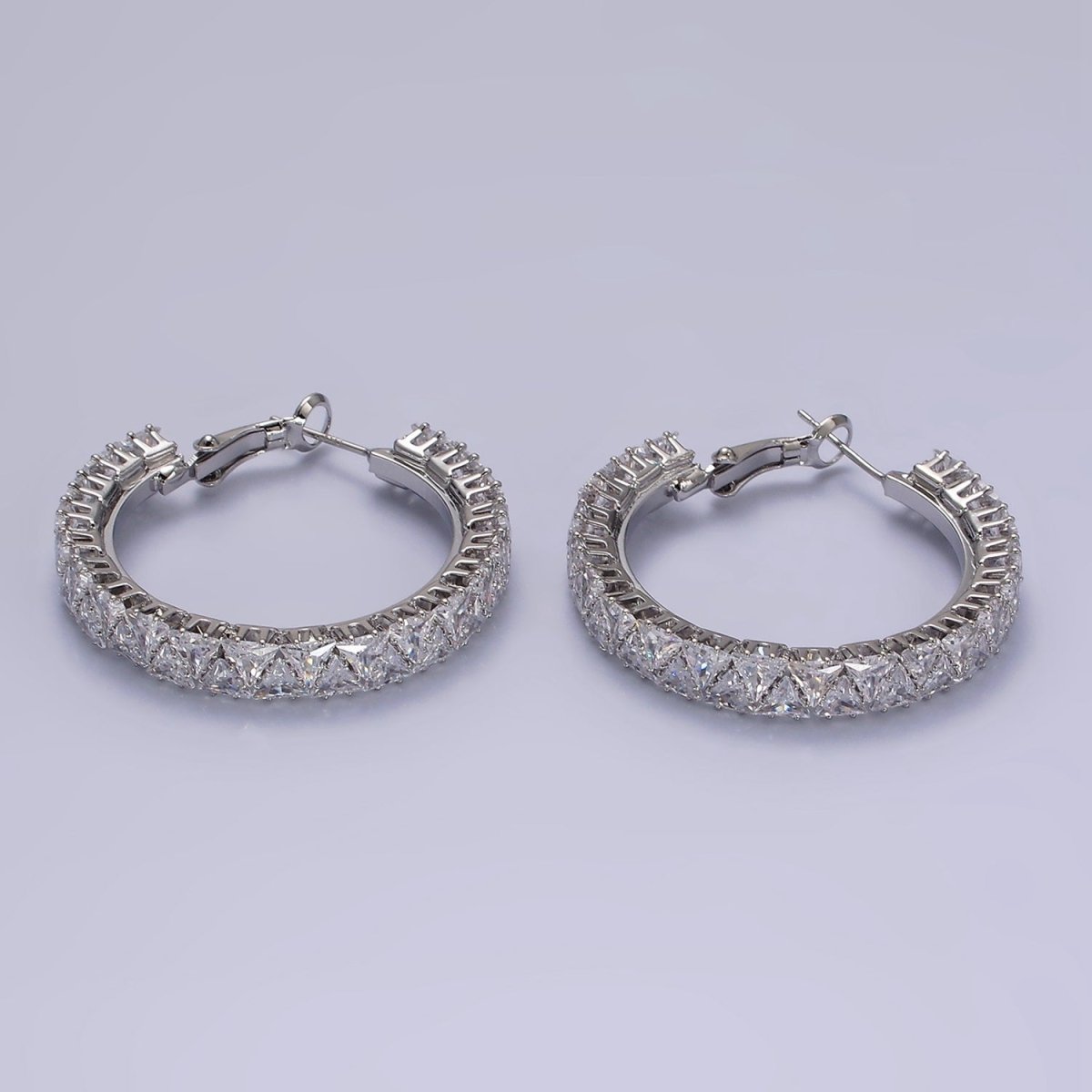 35mm Clear Triangle CZ Lined Hinge Hoop Earrings in Gold & Silver | AE275 AE376