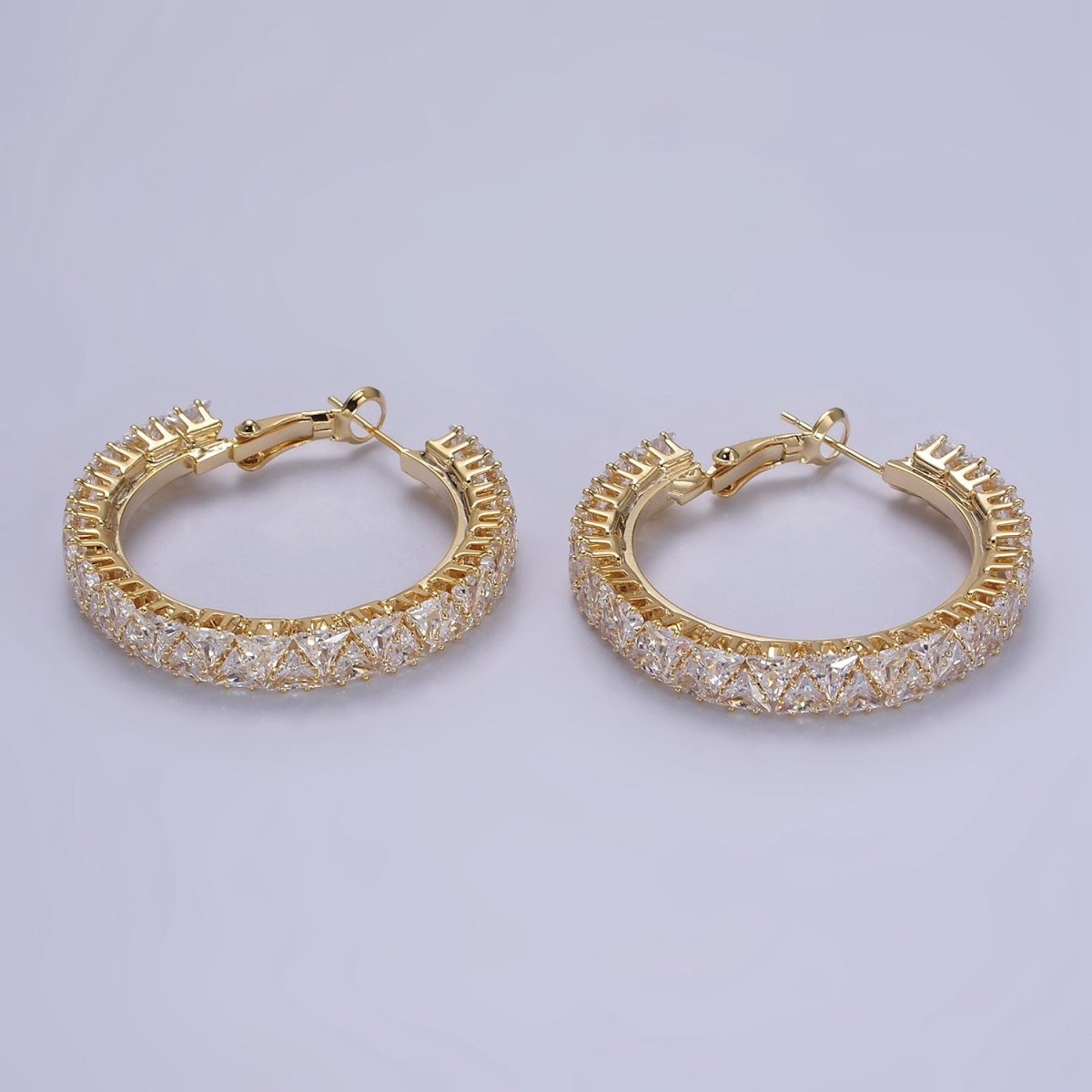35mm Clear Triangle CZ Lined Hinge Hoop Earrings in Gold & Silver | AE275 AE376