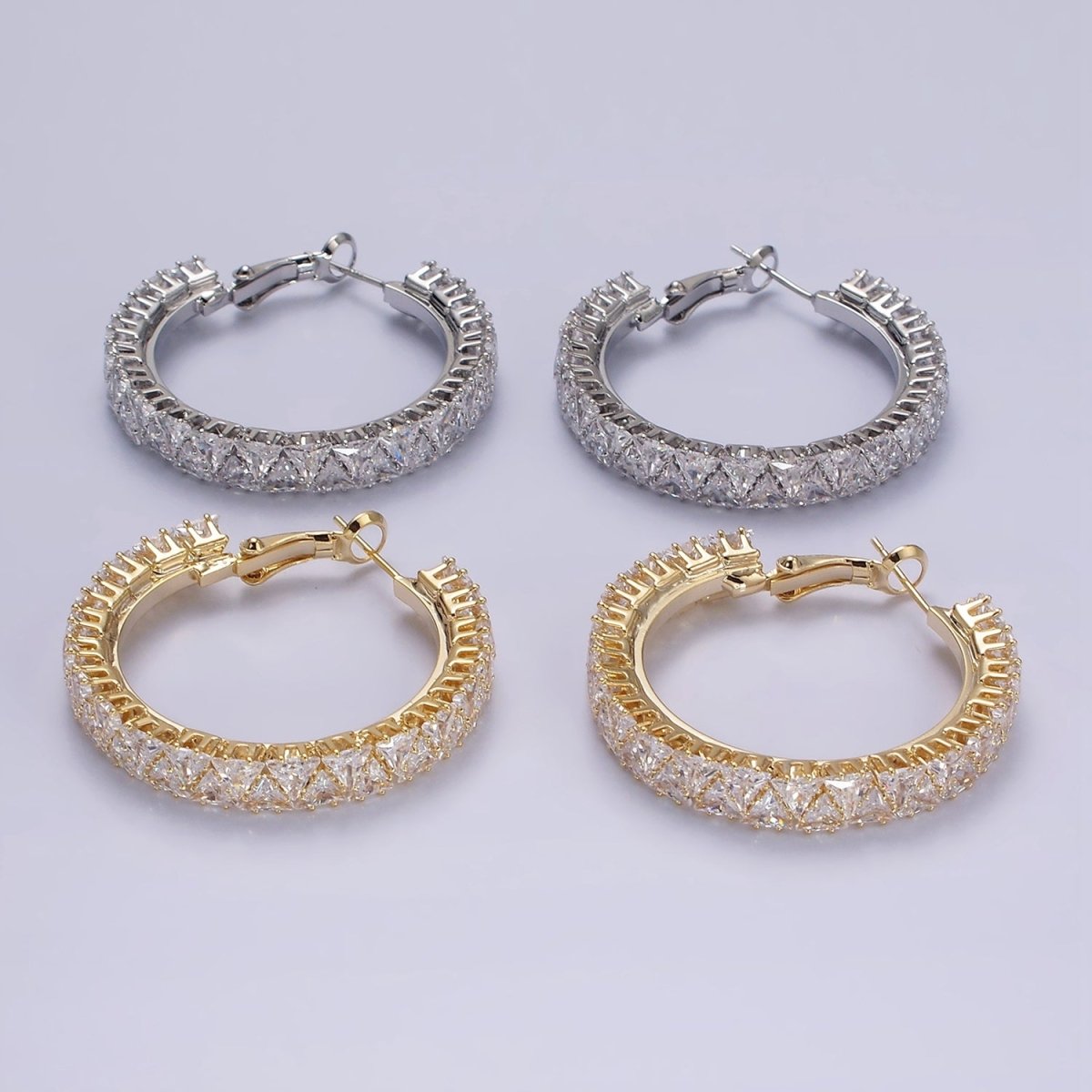 35mm Clear Triangle CZ Lined Hinge Hoop Earrings in Gold & Silver | AE275 AE376