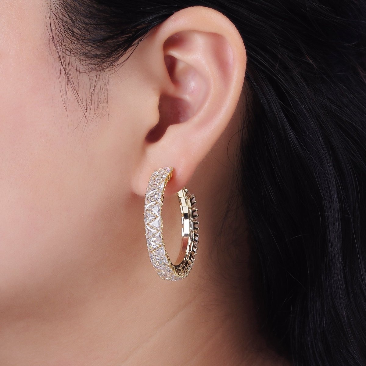 35mm Clear Triangle CZ Lined Hinge Hoop Earrings in Gold & Silver | AE275 AE376