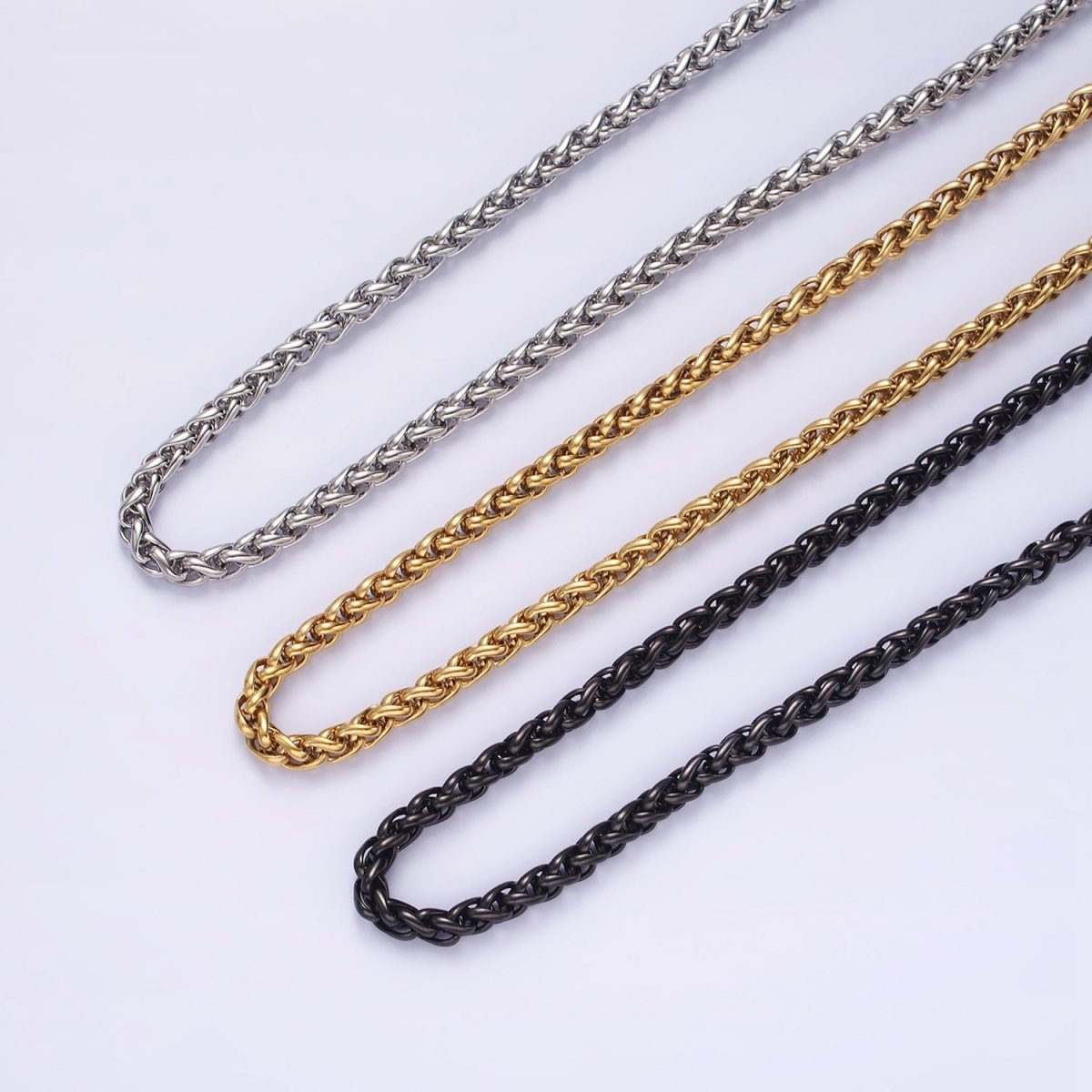 3.7mm Espiga Wheat Chain Necklaces , 21.6" or 23.6 " Chain , Lobster Clasp in Silver , Gold, Black - Wholesale Stainless Steel Chains | WA2090 to WA2092 WA2136 to WA2138 Clearance Pricing
