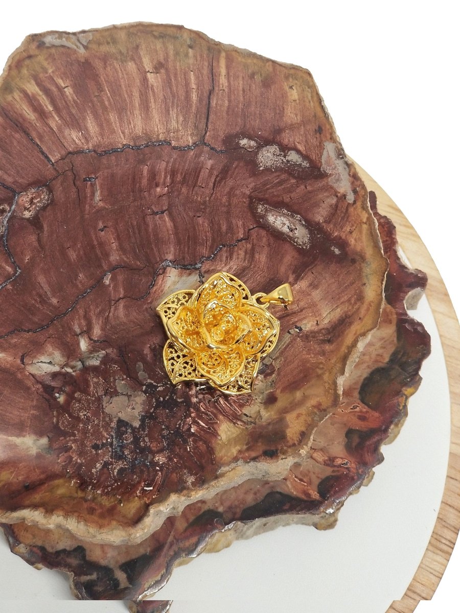 3D Rose Charm Flower Pendant in 24k Gold Filled Jewelry Supplies Filigree Rose Pendant H-838 - DLUXCA