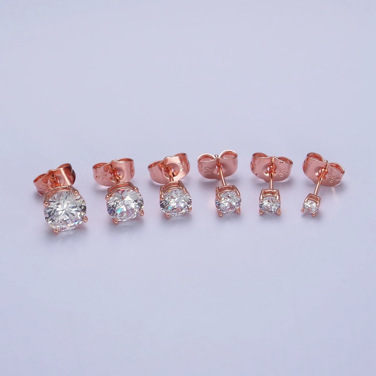 3mm, 4mm, 5mm, 6mm, 7mm, 8mm Clear Round CZ Rose Gold Stud Earrings | AB097 - AB102