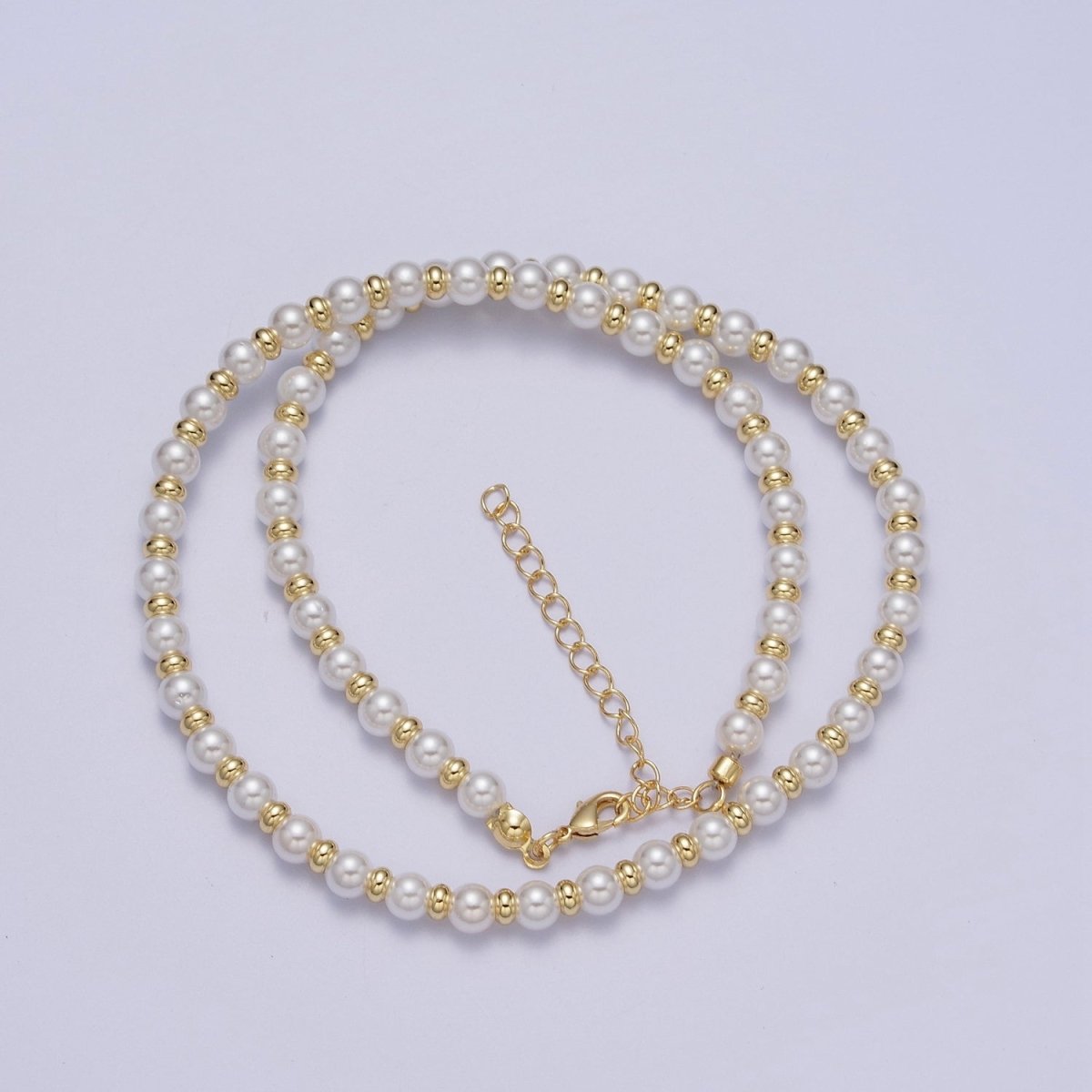 3mm, 4mm, 5mm, 6mm Round White Shell Pearl Beaded Spacer 16 Inch Gold Filled Choker Necklace | WA-1277 - WA-1280 Clearance Pricing