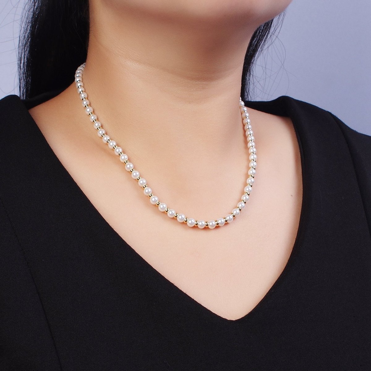 3mm, 4mm, 5mm, 6mm Round White Shell Pearl Beaded Spacer 16 Inch Gold Filled Choker Necklace | WA-1277 - WA-1280 Clearance Pricing