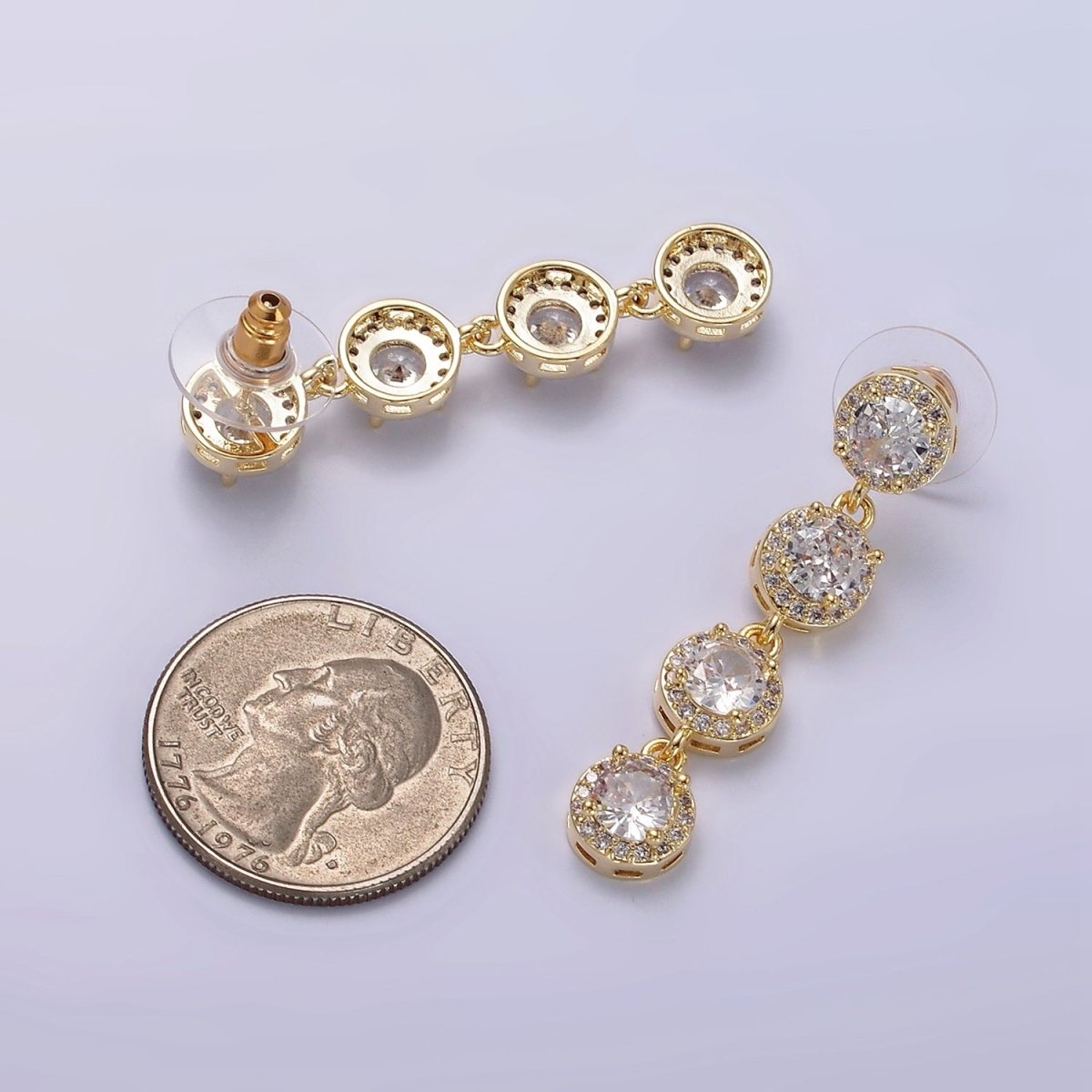 45mm Clear Round Micro Paved CZ Linear Drop Stud Earrings in Gold & Silver | AE287 AE288