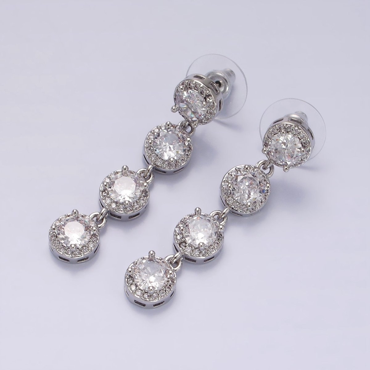 45mm Clear Round Micro Paved CZ Linear Drop Stud Earrings in Gold & Silver | AE287 AE288