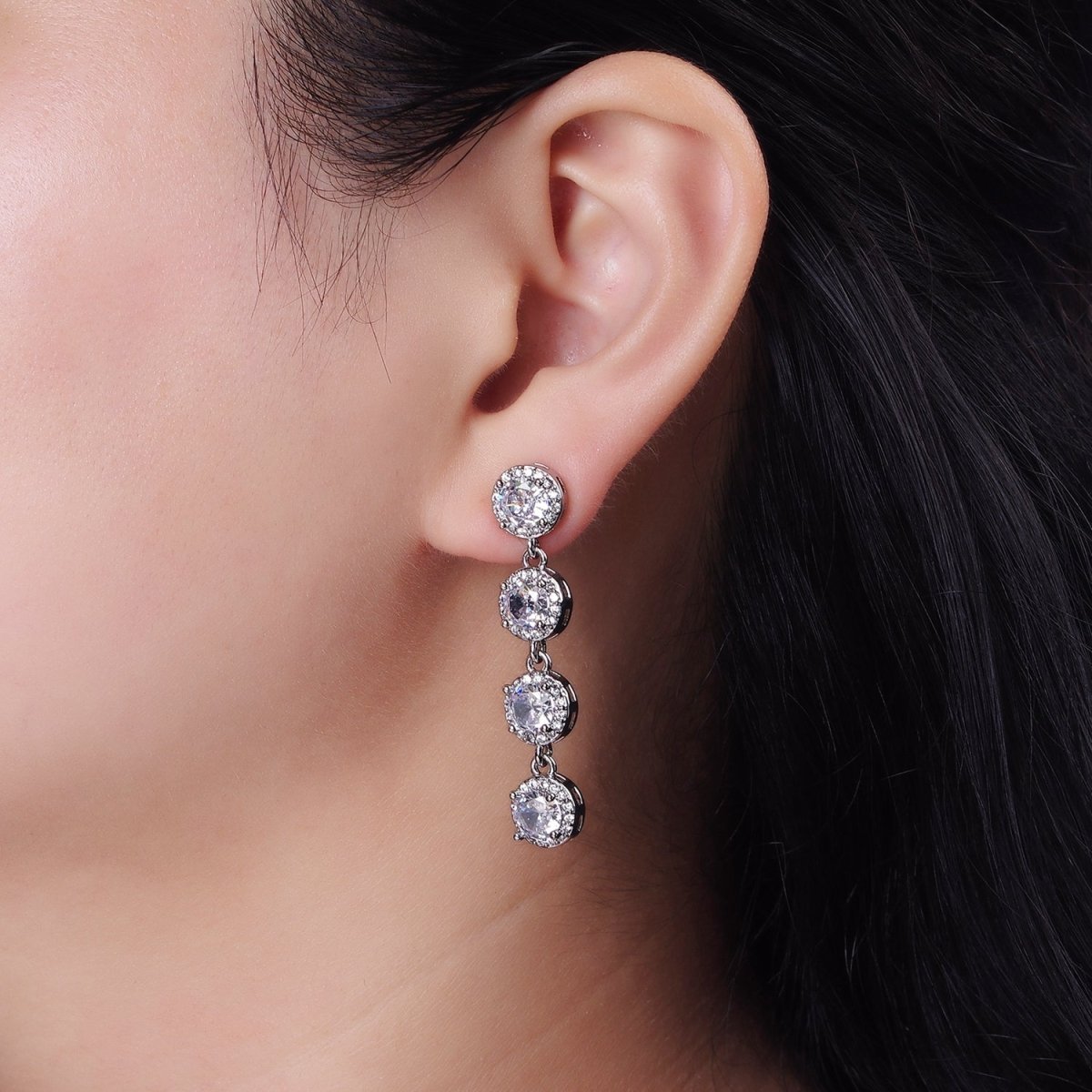 45mm Clear Round Micro Paved CZ Linear Drop Stud Earrings in Gold & Silver | AE287 AE288