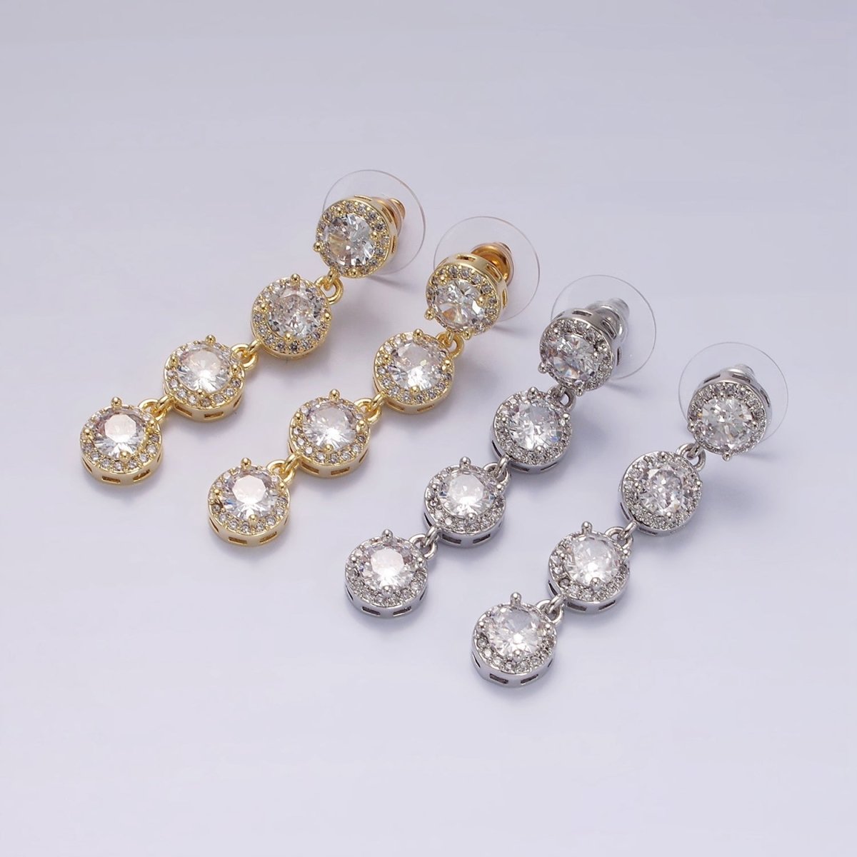 45mm Clear Round Micro Paved CZ Linear Drop Stud Earrings in Gold & Silver | AE287 AE288