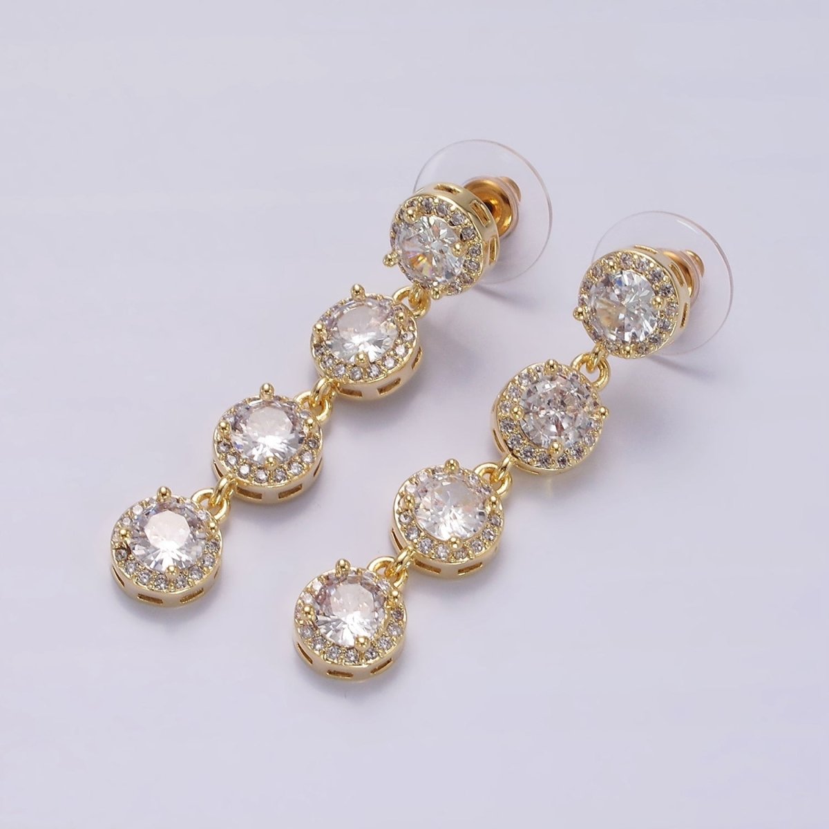 45mm Clear Round Micro Paved CZ Linear Drop Stud Earrings in Gold & Silver | AE287 AE288