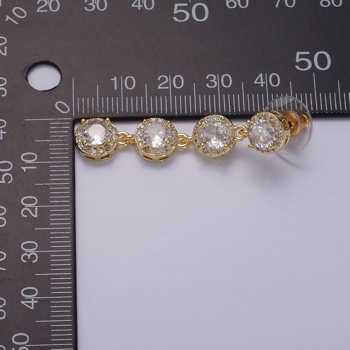 45mm Clear Round Micro Paved CZ Linear Drop Stud Earrings in Gold & Silver | AE287 AE288