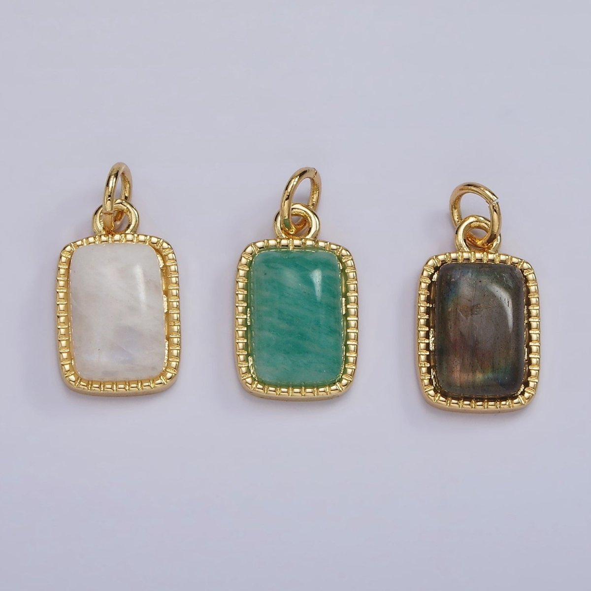 4K Gold Filled Amazonite, Moonstone, Labradorite Dotted Bezel Rectangular Charm | AG-537 - AG-539