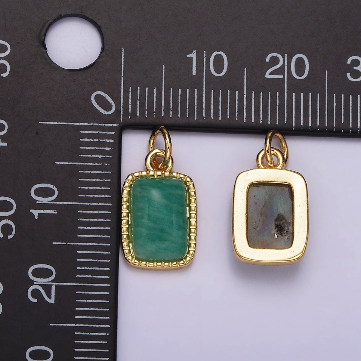 4K Gold Filled Amazonite, Moonstone, Labradorite Dotted Bezel Rectangular Charm | AG-537 - AG-539