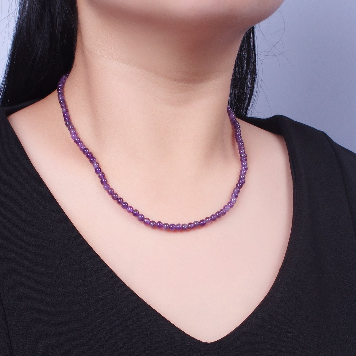 4mm Round Light / Dark Purple Amethyst Gemstone 16.5 Inch Choker Necklace | WA-1184 WA-1193 Clearance Pricing
