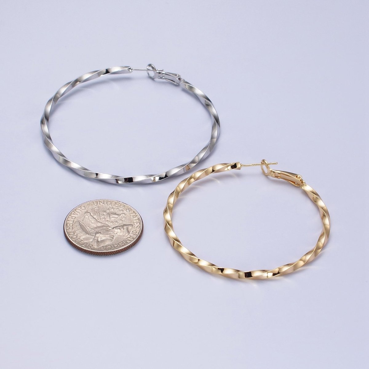 60mm, 50mm Gold Filled Twist Geometric Hoop Hinge Latch Earrings in Gold & Silver | AB-499 - AB-502