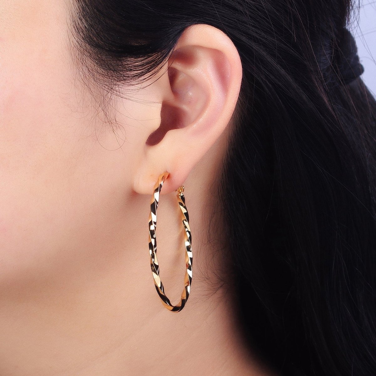 60mm, 50mm Gold Filled Twist Geometric Hoop Hinge Latch Earrings in Gold & Silver | AB-499 - AB-502