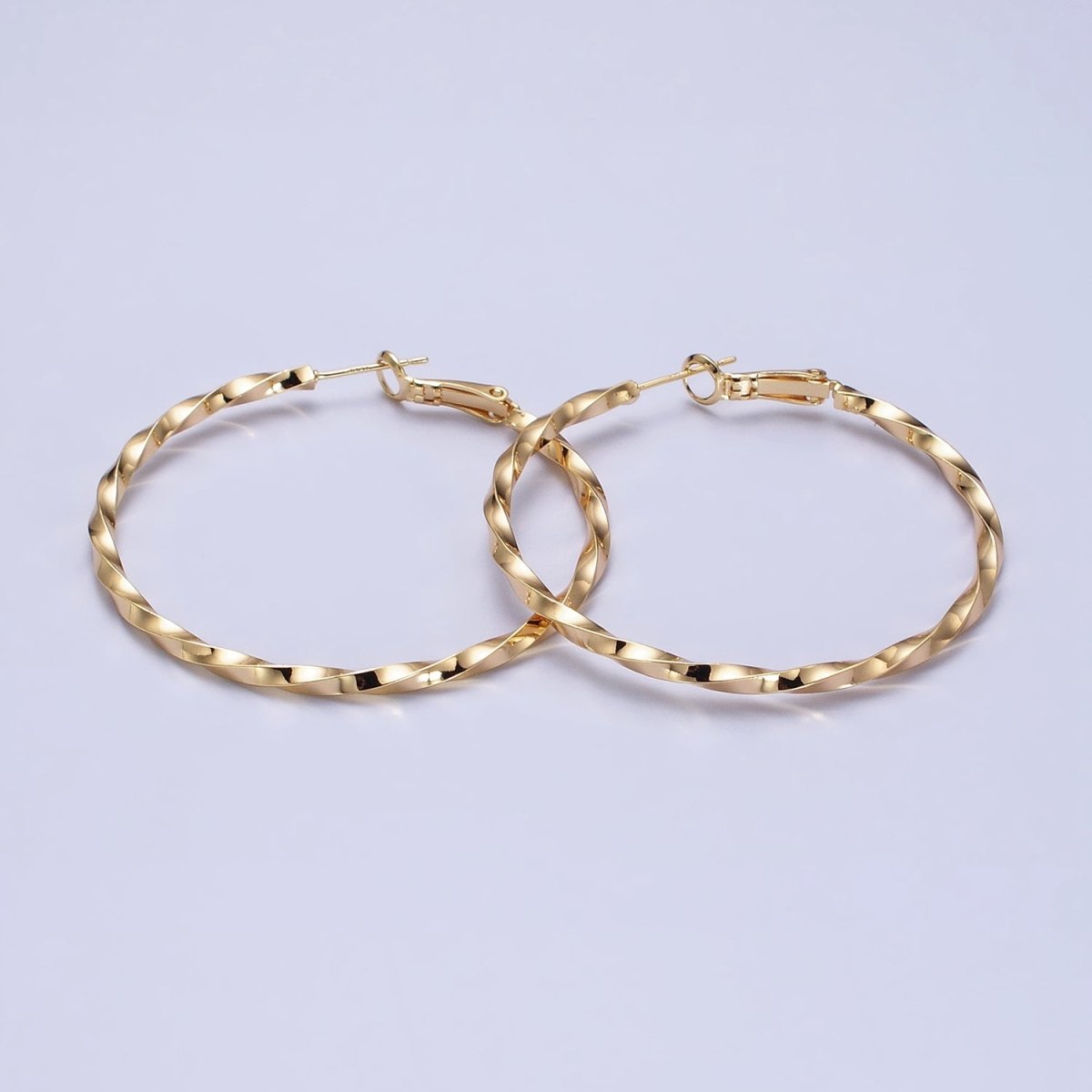 60mm, 50mm Gold Filled Twist Geometric Hoop Hinge Latch Earrings in Gold & Silver | AB-499 - AB-502