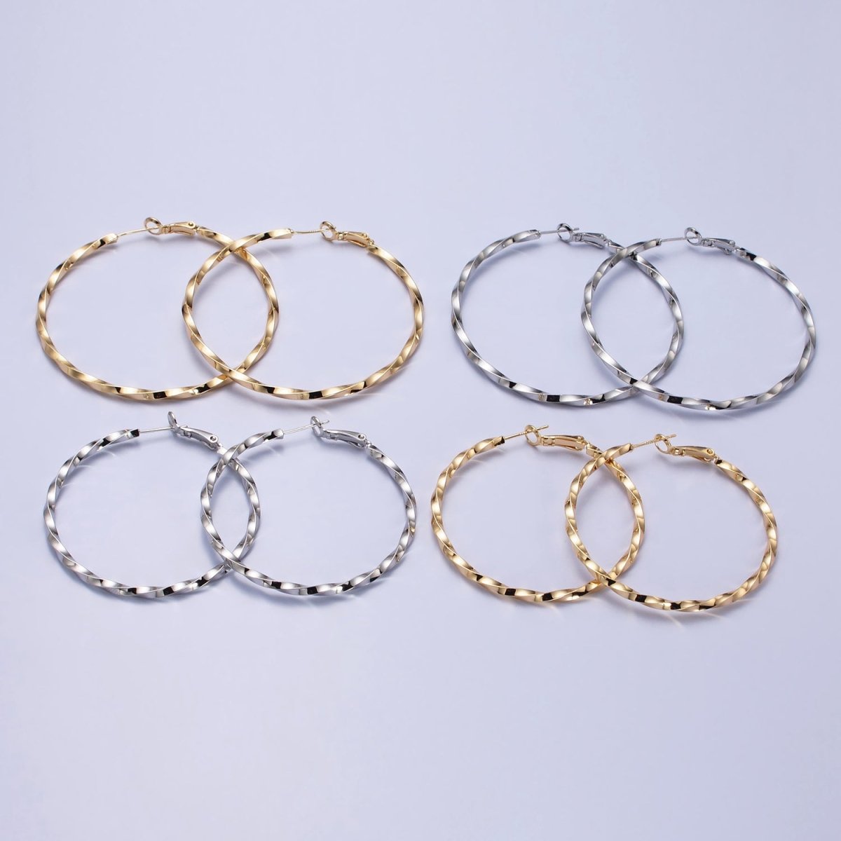 60mm, 50mm Gold Filled Twist Geometric Hoop Hinge Latch Earrings in Gold & Silver | AB-499 - AB-502