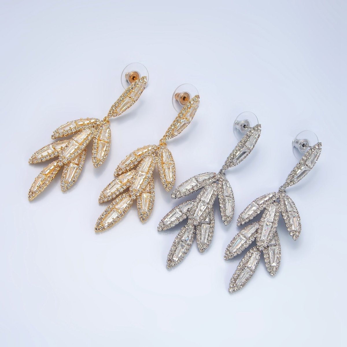 65mm Leaf Sphere Baguette CZ Micro Paved Drop Stud Earrings in Gold & Silver | P174 P183