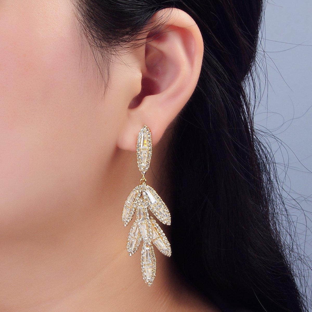 65mm Leaf Sphere Baguette CZ Micro Paved Drop Stud Earrings in Gold & Silver | P174 P183