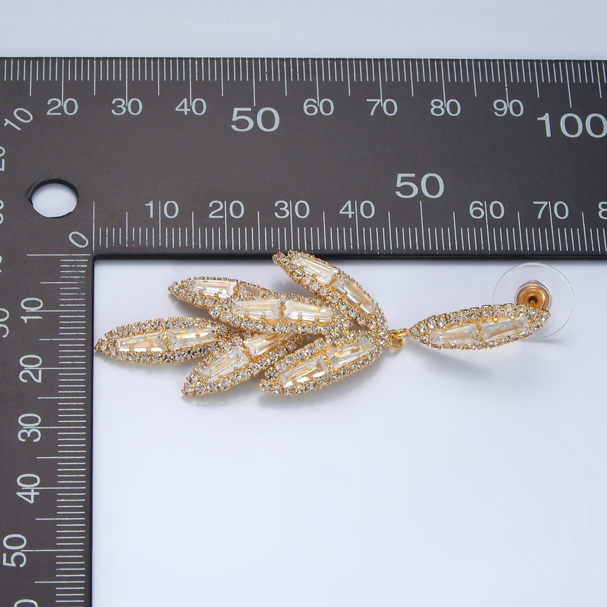 65mm Leaf Sphere Baguette CZ Micro Paved Drop Stud Earrings in Gold & Silver | P174 P183