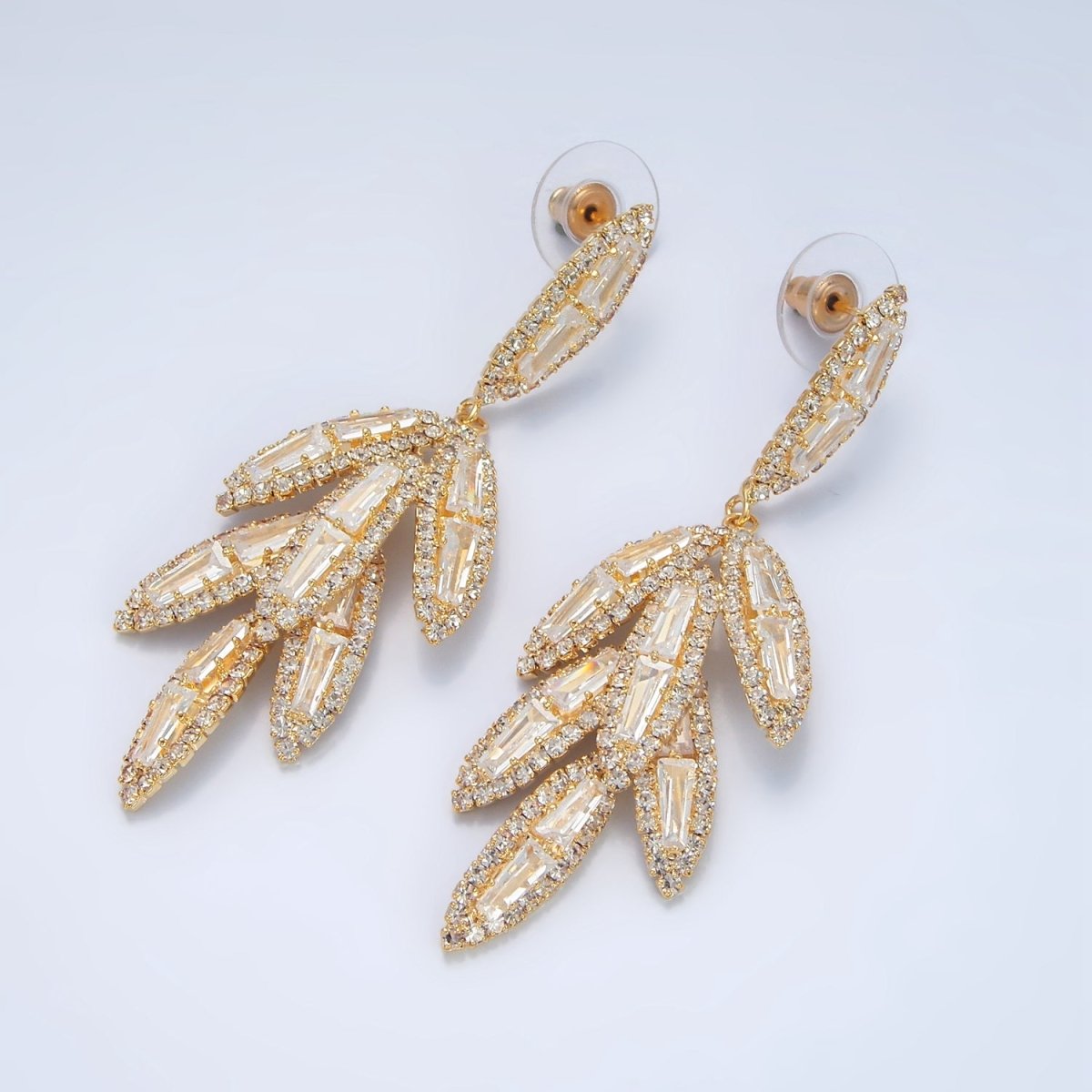 65mm Leaf Sphere Baguette CZ Micro Paved Drop Stud Earrings in Gold & Silver | P174 P183