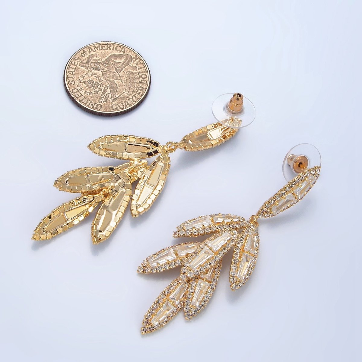 65mm Leaf Sphere Baguette CZ Micro Paved Drop Stud Earrings in Gold & Silver | P174 P183