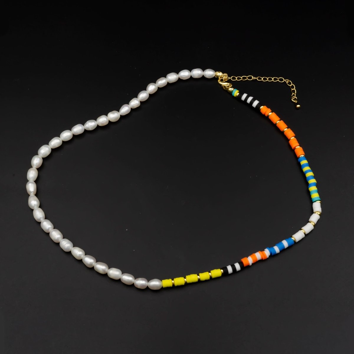 6mm Ringed Oval Freshwater Pearl 4mm Heishi Clay 18 Inch Necklace w. Extender | WA-308 Clearance Pricing - DLUXCA