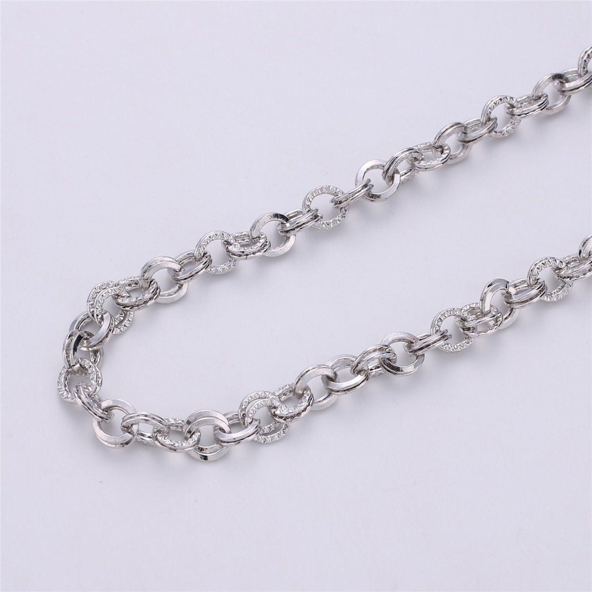 7mm Width White Gold / 14K Gold Plated Textured Necklace Bracelet Rolo Chain | ROLL-096, ROLL-097 Clearance Pricing