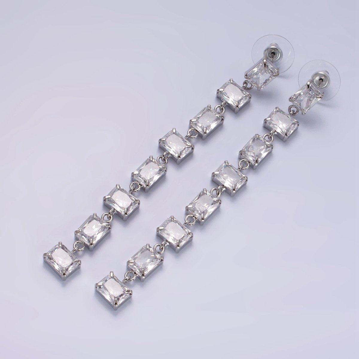 85mm Clear Baguette CZ Linear Drop Stud Earrings in Gold & Silver | AE281 AE282