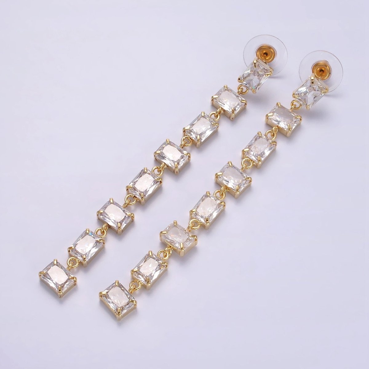 85mm Clear Baguette CZ Linear Drop Stud Earrings in Gold & Silver | AE281 AE282