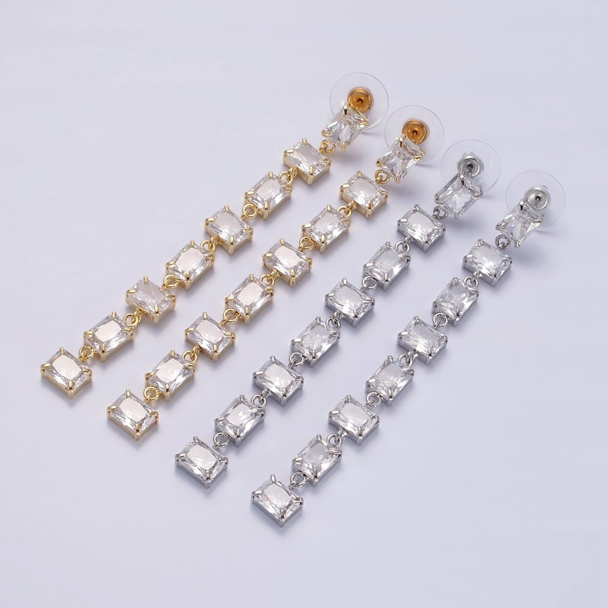 85mm Clear Baguette CZ Linear Drop Stud Earrings in Gold & Silver | AE281 AE282