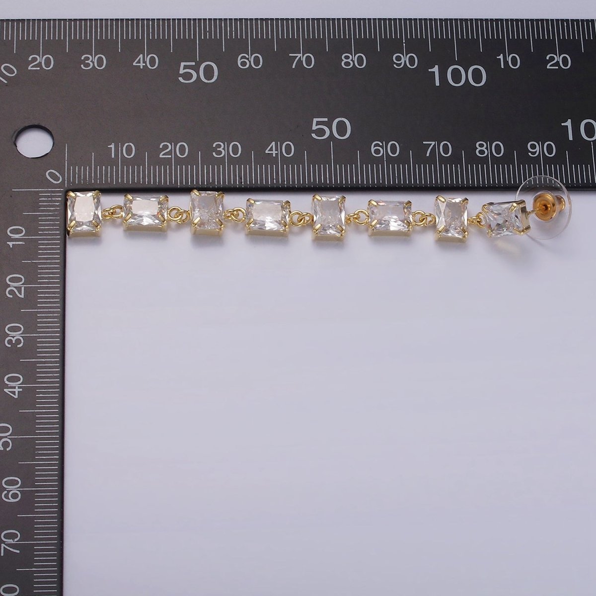 85mm Clear Baguette CZ Linear Drop Stud Earrings in Gold & Silver | AE281 AE282