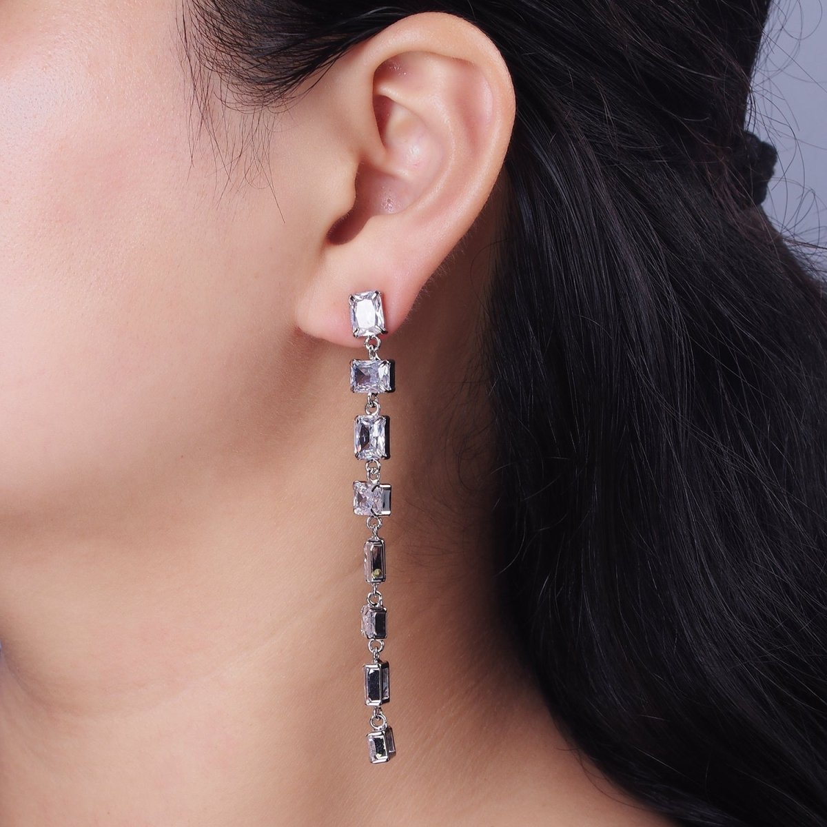 85mm Clear Baguette CZ Linear Drop Stud Earrings in Gold & Silver | AE281 AE282