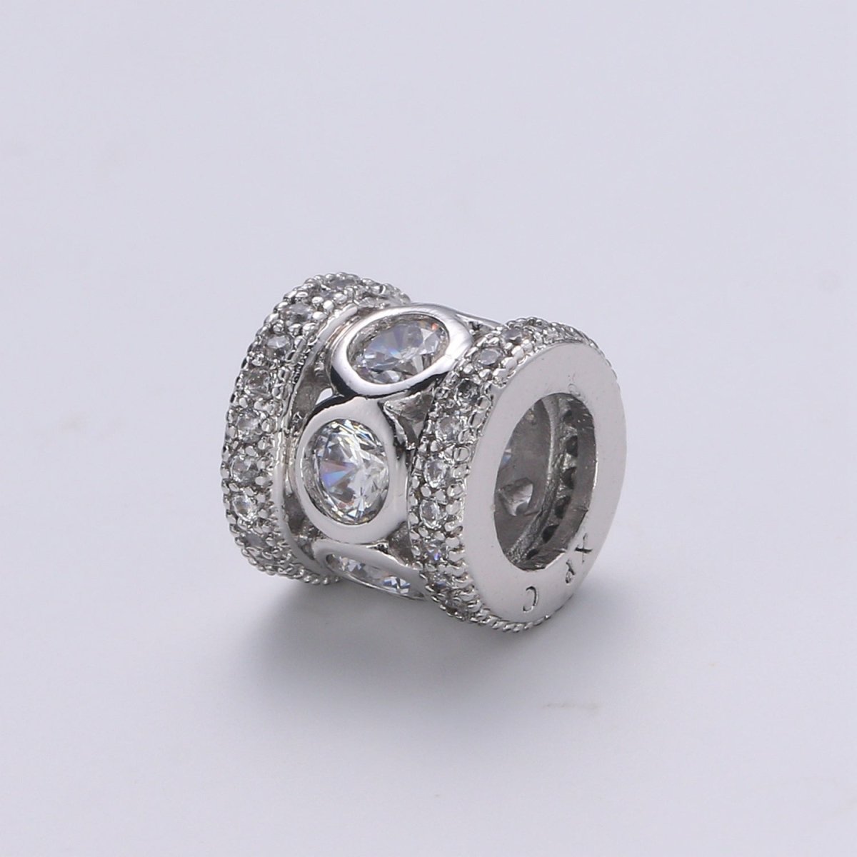 8mm White Gold Filled Micro Pave Spacer Beads Drum Tube Gold Beads with CZ Paved, 4mm Large Hole Gold Spacers for Bracelet Making