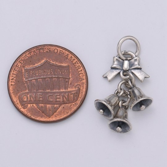 925 Sterling Silver Bells Charm Charm, Holiday Charm Silver Ribbon Charm for Necklace Bracelet Earring, Dangling Charm SL-197 - DLUXCA