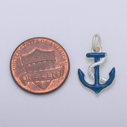 925 Sterling Silver Blue Anchor Charm, Sailor Charm Silver Anchor and Rope Charm for Necklace Bracelet Earring, Blue Sailor Charm SL-046