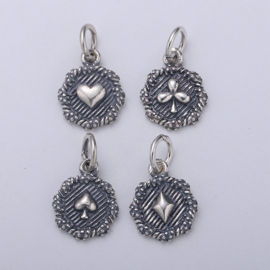925 Sterling Silver Card Suits Charm, Heart Charm Silver Clover Charm for Necklace Bracelet Earring, Spades Charm,Diamond Charm,SL-HJ-99-102