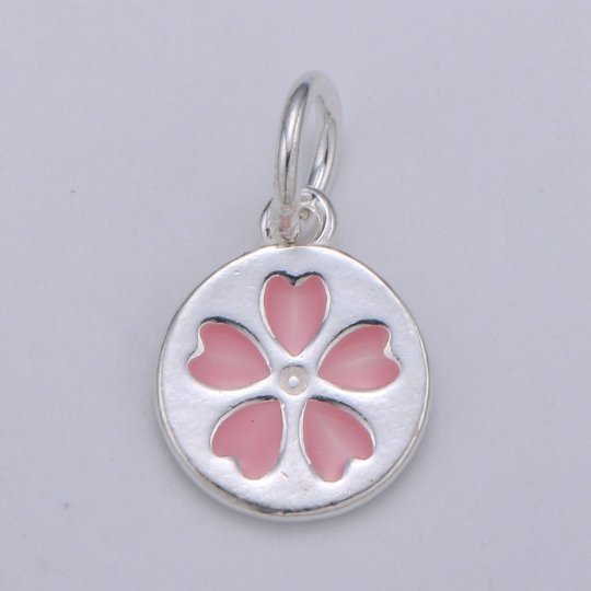 925 Sterling Silver Clover Charm, Round Disc Charm Pink Heart Charm for Necklace Bracelet Earring, Love Heart Charm, SL-HJ-40